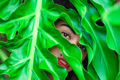 Persona dietro foglie verdi