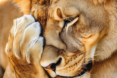 Lion Holding its paw over its Face