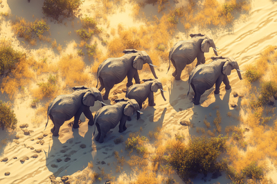 Elephants Marching Across Savanna