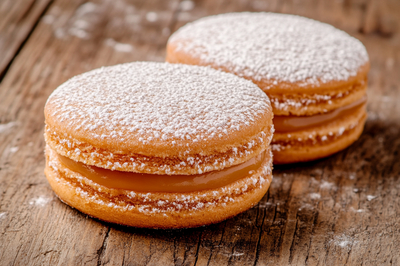 Argentinische Alfajores auf einem Vintage-Holztisch