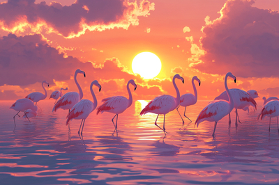 Flamingos dançando ao pôr do sol