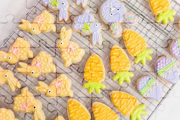 Easter sugar cookies decorated with royal icing of jigsaw puzzle