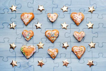 Gingerbread cookies on blue wooden background jigsaw puzzle