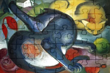 Two cats, blue and yellow painting jigsaw puzzle