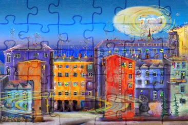 Night town near the sea painting jigsaw puzzle