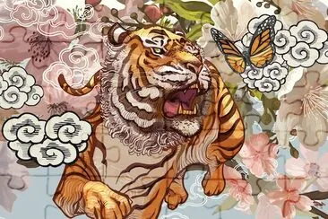 Tigre et papillon au milieu des fleurs de cerisier