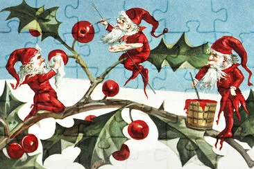 Santa elves painting berries on holly leaves jigsaw puzzle