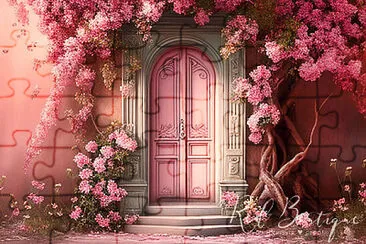 Fundal Foto Pink Door with Roses Arch