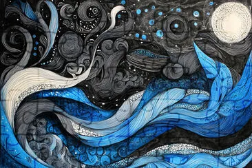 Aquatic Zentangle in Black and Blue jigsaw puzzle