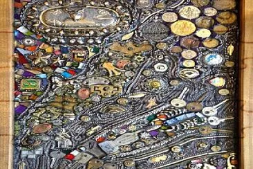 פאזל של mosaic with keys, chain, pins, coins, and other