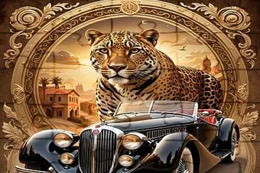 Double composition of a retro car and a jaguar.