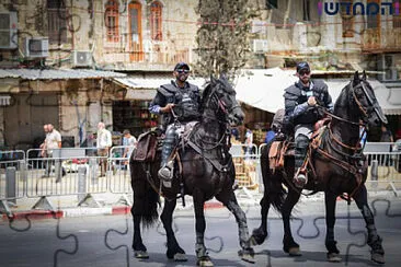 שני סוסי משטרה עם השוטרים עליהם במרכז העיר ירושלים jigsaw puzzle