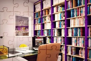 Office with Purple Bookshelves