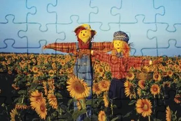 Scarecrows in a field in Kansas