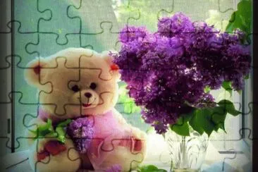 Cute Teddy Bear and Lilacs-Still Life