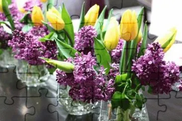 Purple Lilacs and Yellow Tulips