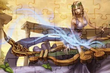 Mujer de vestido violeta tocando el arpa jigsaw puzzle