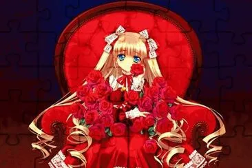 פאזל של NiÃ±a animÃ© de rojo en sillÃ³n con rosas