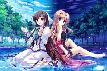 פאזל של Chicas animÃ© sentadas en el lago