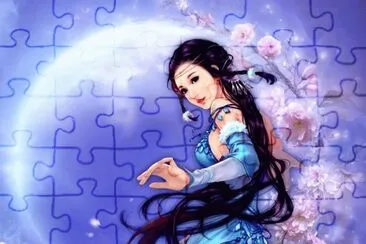 Mujer de azul con flores y luna en el fondo jigsaw puzzle