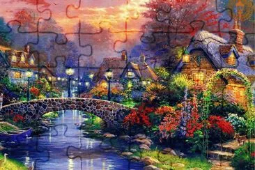 Paisaje colorido de cabaÃ±as y puente jigsaw puzzle