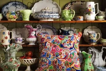 Tapestry Cushion with Antique Vases and China