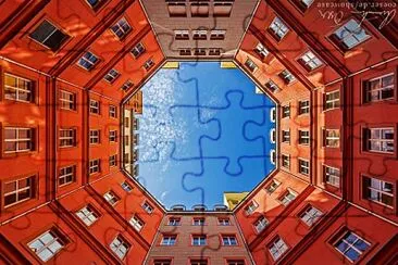 Orange red octagon building jigsaw puzzle