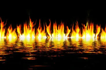 Flames over water.