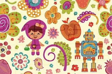 Frutas, Flores, NiÃ±a y Robot