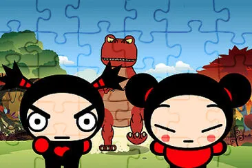 garu y pucca huyendo de un dinosaurio pucca