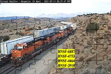 BNSF-6887,4753, 4464, 3910 at Hesperia,CA/USA meets another BNSF train jigsaw puzzle