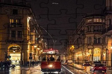 tram torino notte pioggia luci riflessi jigsaw puzzle