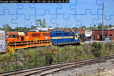 Blue and Orange locomotives as power lash-up at Cordele,GA/USA