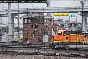 BNSF-5364 passing    "Tower-55 " being demolished jigsaw puzzle