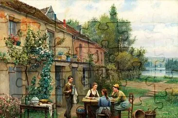  "Coffee in the Garden " -Daniel Ridgway Knight-