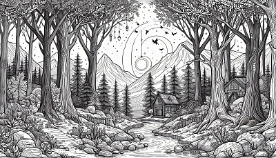 forest with cabin