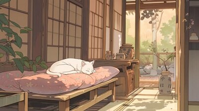 Maison japonaise - Lofi art - Chat Blanc