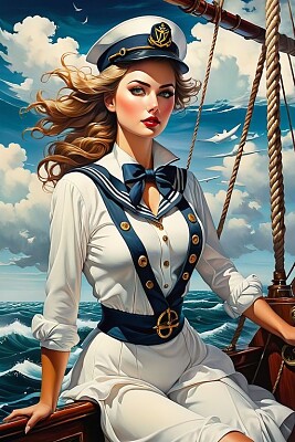 A surreal painting of a breathtaking sailor woman