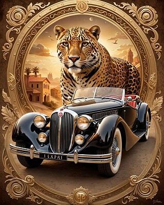 Double composition of a retro car and a jaguar.