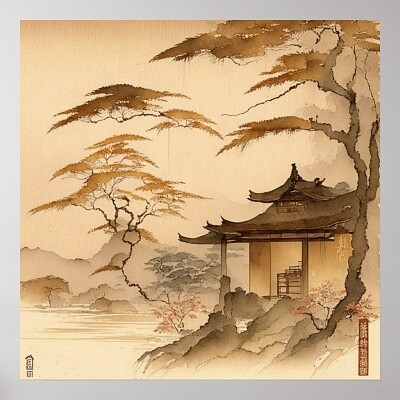 JAPAN VILLAGE SCENERY WARM BROWN ART POSTER | Zazz