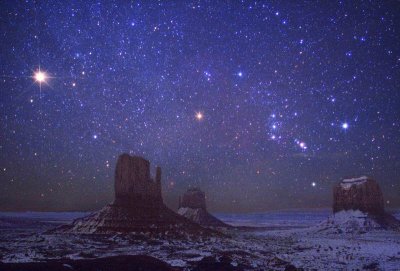 Mars and Orion over Monument Valley