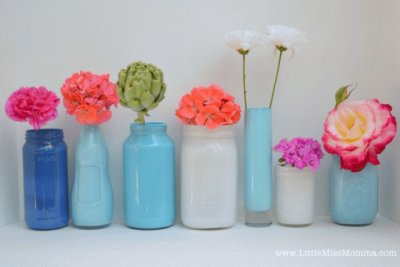 flowers in blue vases