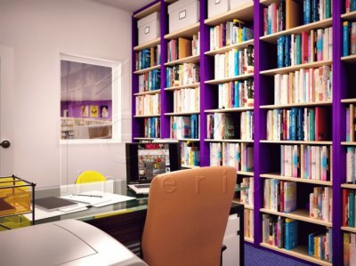 Office with Purple Bookshelves