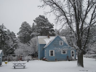 little blue house in the country