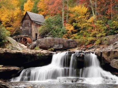 mill and waterfall.