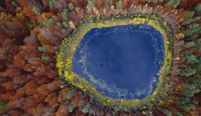 aerial view of lake in autumn