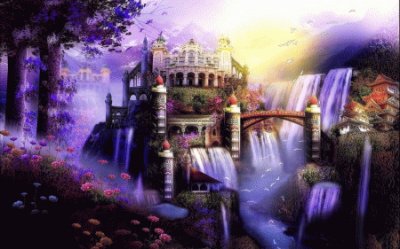 Fantasy Castle and Purple Water Falls