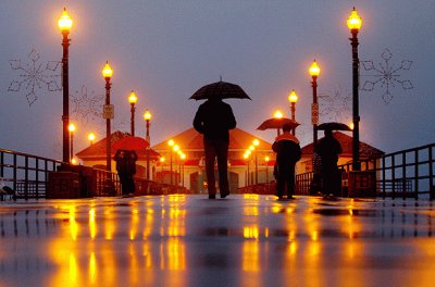 Evening Stroll on Rainy Pier-Huntington Beach