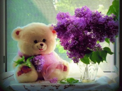 Cute Teddy Bear and Lilacs-Still Life