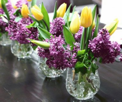 Purple Lilacs and Yellow Tulips